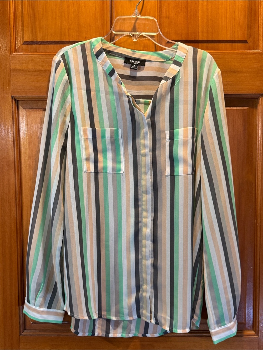 Premise Studio Striped Button Down Blouse in Green, Gray, White and Tan Size M